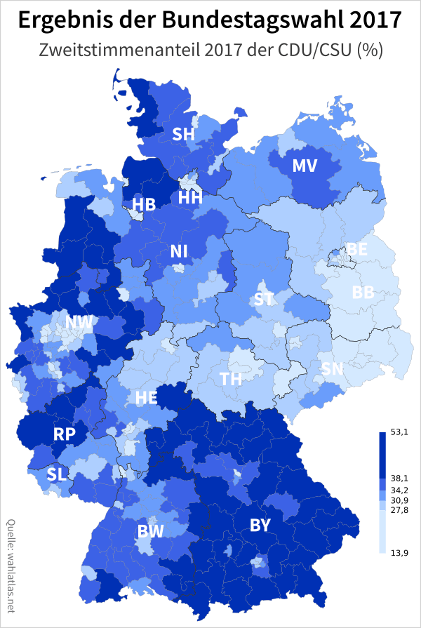 Ergebnis der Unionsparteien (CDU und CSU) bei der Bundestagswahl (Karte)