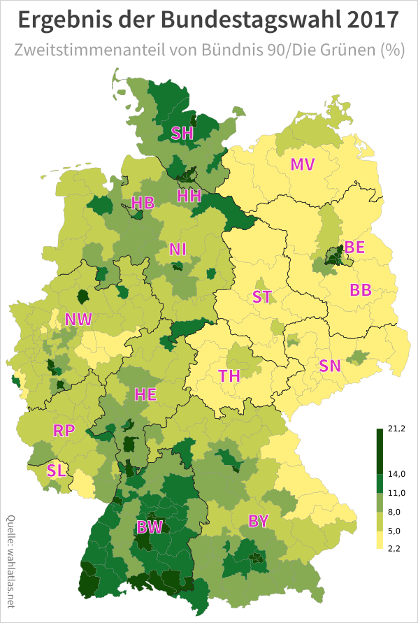 Ergebnis der Grünen bei der Bundestagswahl (Karte)