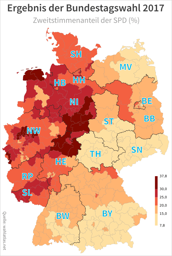 Ergebnis der SPD bei der Bundestagswahl (Karte)